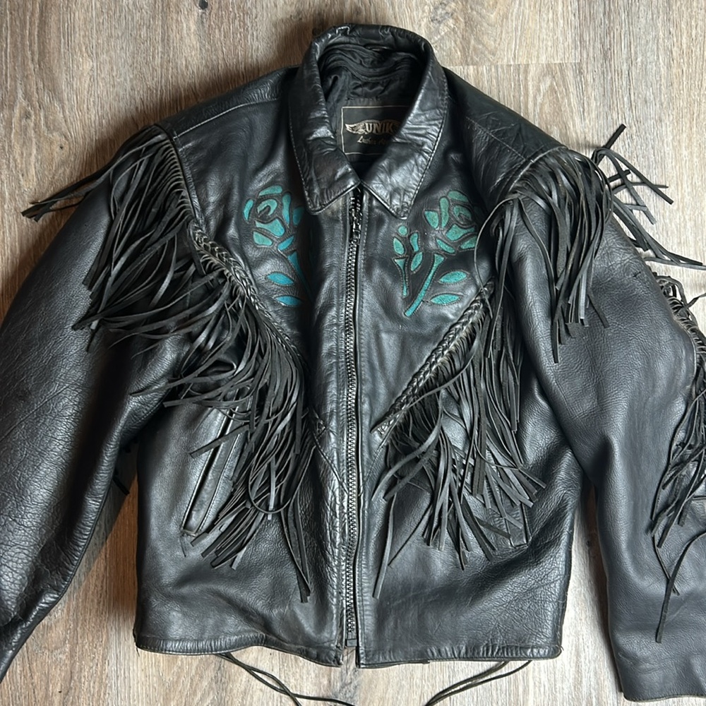 Unik Black Leather Jacket with Fringe and Green Accents